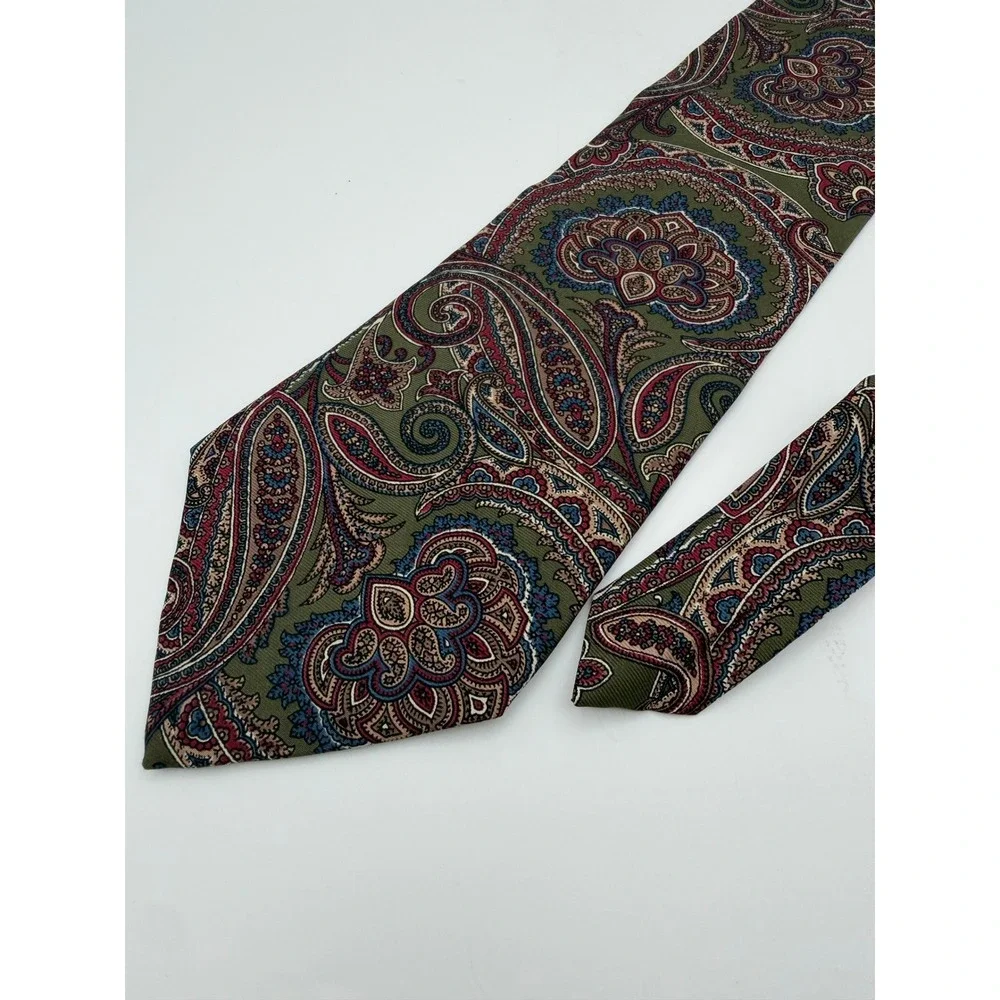 Christian Dior Monsieur Silk Tie Olive Green Burgundy Blue Paisley Made in USA